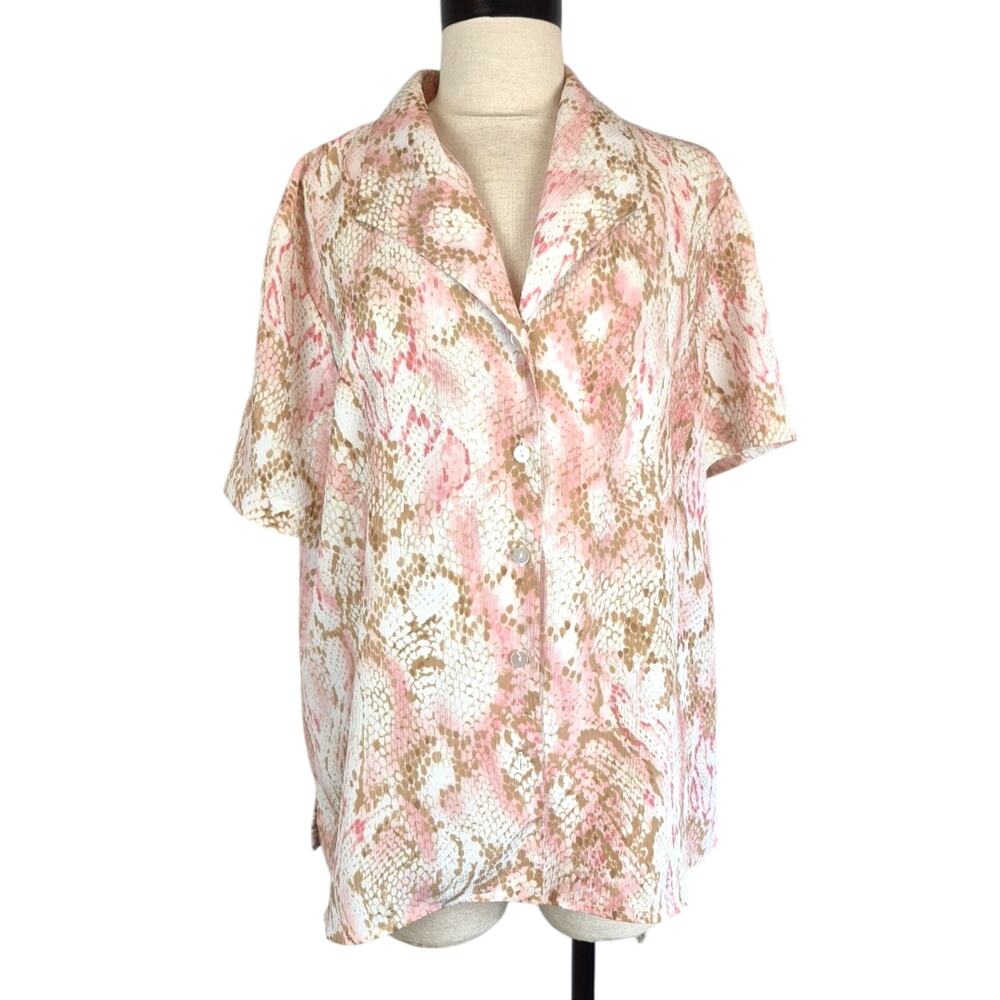 Alfred Dunner Shirt Womens 16 Pink Snake Print Polyester Collar Button Down Top